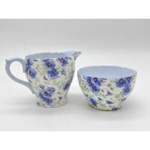 SHELLEY BLUE PANSY CHINTZ 14266 Mini Creamer & Sugar Bowl (Blue Trim) RARE